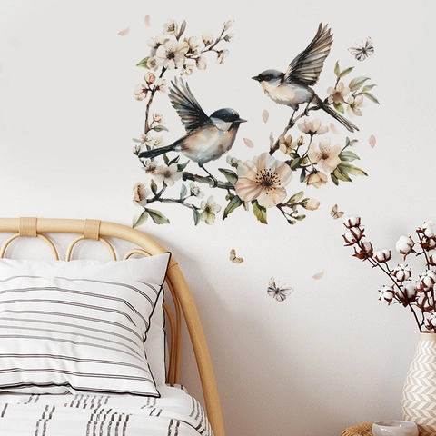 Adesivo da Parete con Fiori e Uccelli ad Acquerello in PVC Autoadesivo per Decorazione Camera da Letto Soggiorno Parete