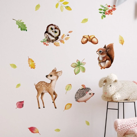 Pegatina de Pared Animales del Bosque Acuarela PVC Removible Hojas de Otoño Para Habitación Infantil Sala de Estar Decoración