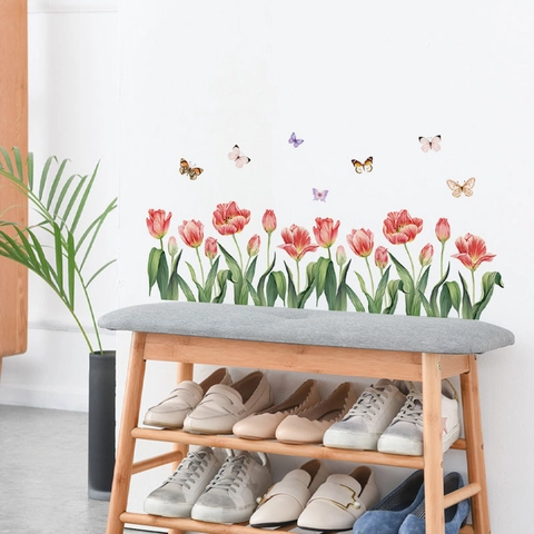 Aquarell Rot Rosa Tulpe Blume Wandaufkleber Mit Schmetterlingen Abnehmbare PVC Wandtattoos Für Wohnzimmer Schlafzimmer Deko