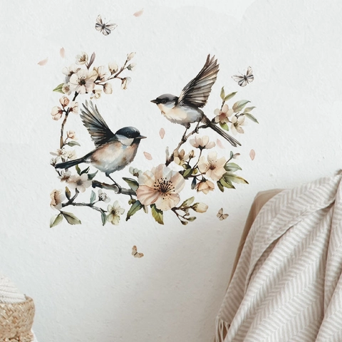 Adesivo da Parete con Fiori e Uccelli ad Acquerello in PVC Autoadesivo per Decorazione Camera da Letto Soggiorno Parete