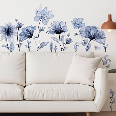 Indigoblaue Transparente Röntgendruck Blumen Wandaufkleber Für Wohnzimmer Badezimmer Schlafzimmer Modern Minimalistisch PVC Floral Wanddeko Kunst Wandbild