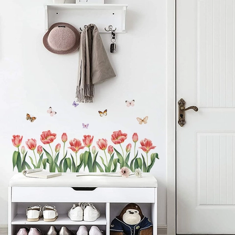 Aquarell Rot Rosa Tulpe Blume Wandaufkleber Mit Schmetterlingen Abnehmbare PVC Wandtattoos Für Wohnzimmer Schlafzimmer Deko