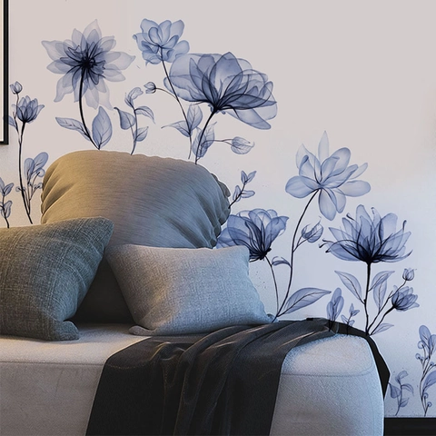 Indigoblaue Transparente Röntgendruck Blumen Wandaufkleber Für Wohnzimmer Badezimmer Schlafzimmer Modern Minimalistisch PVC Floral Wanddeko Kunst Wandbild