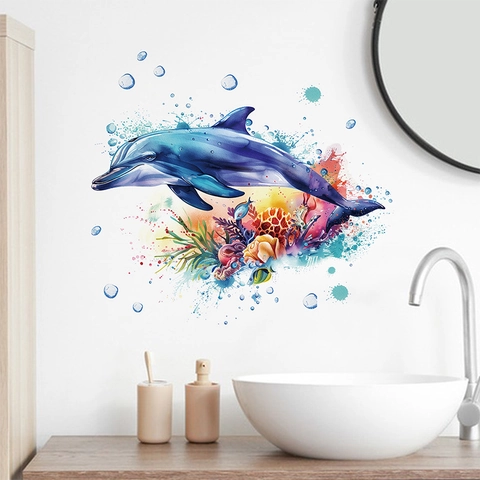 Cute Dolphin Bubbles Wall Sticker Removable PVC Watercolor Ocean Theme Coral Reef Decor For Bathroom Nursery Living Room