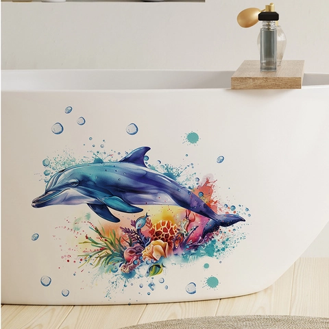 Cute Dolphin Bubbles Wall Sticker Removable PVC Watercolor Ocean Theme Coral Reef Decor For Bathroom Nursery Living Room
