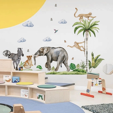 Watercolor Jungle Animals Wall Stickers Removable PVC Decals Elephant Zebra Lion Palm Tree For Kids Room Nursery Decor