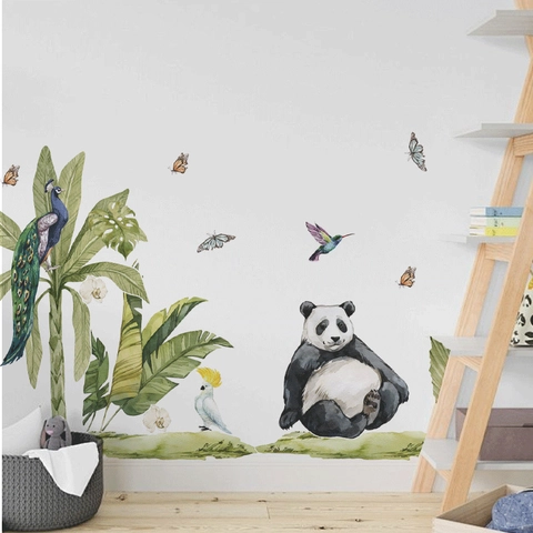 Adesivi Murali Panda Animali Della Giungla Tropicale Acquerello Rimovibile PVC Decalcomanie per Camera da Letto Soggiorno Decorazione Casa