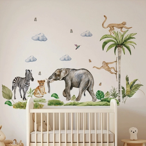 Watercolor Jungle Animals Wall Stickers Removable PVC Decals Elephant Zebra Lion Palm Tree For Kids Room Nursery Decor