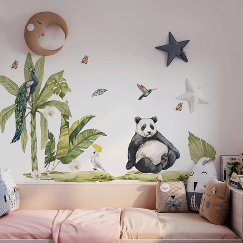 Adesivi Murali Panda Animali Della Giungla Tropicale Acquerello Rimovibile PVC Decalcomanie per Camera da Letto Soggiorno Decorazione Casa
