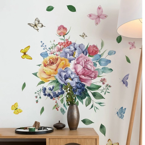 Aquarell Blumen Schmetterling Wandaufkleber Abnehmbar PVC Floral Botanisch Kunst Aufkleber Für Wohnzimmer Schlafzimmer Küche Dekor