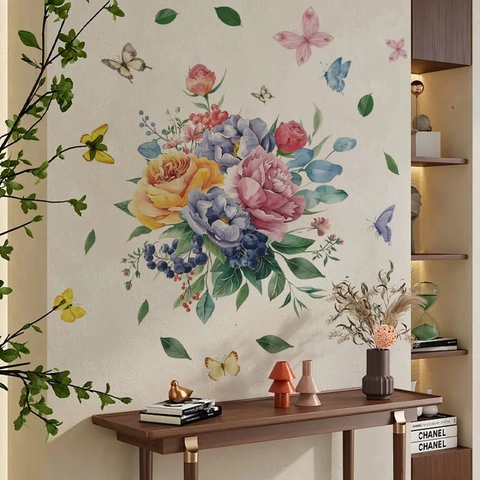 Aquarell Blumen Schmetterling Wandaufkleber Abnehmbar PVC Floral Botanisch Kunst Aufkleber Für Wohnzimmer Schlafzimmer Küche Dekor