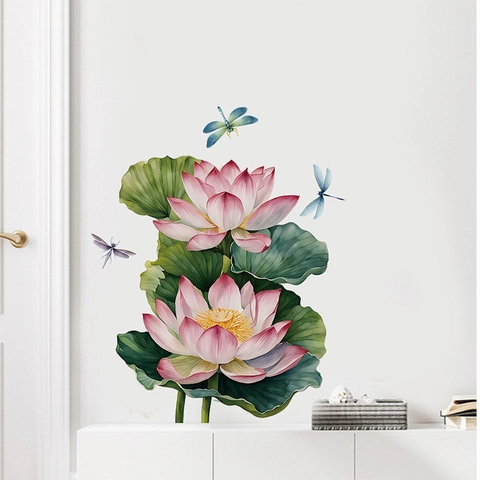 Chinese Style Pink Lotus Green Leaves Wall Sticker Waterproof Self Adhesive Watercolor Dragonfly Mural For Living Room Bedroom Decor