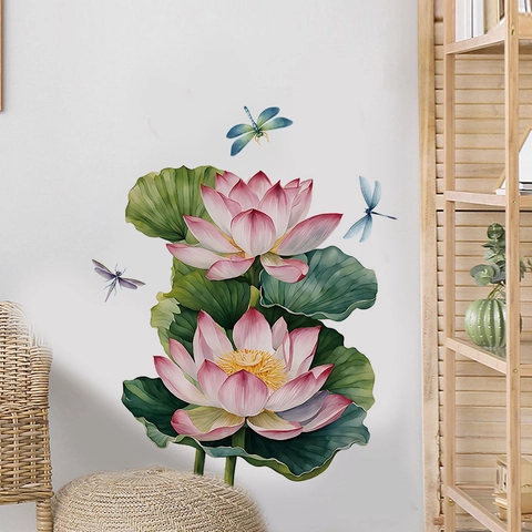 Chinese Style Pink Lotus Green Leaves Wall Sticker Waterproof Self Adhesive Watercolor Dragonfly Mural For Living Room Bedroom Decor