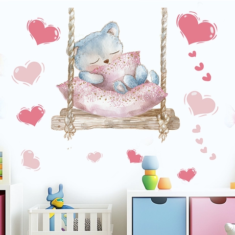 Cartoon Schlafende Tier Herz Wandtattoo PVC Abnehmbare Aquarell Aufkleber Für Kinderzimmer Babyzimmer Home Deko Wandbild
