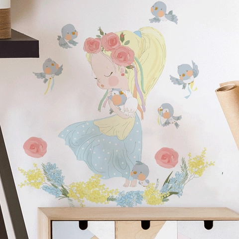 Cartoon Fairy Girl With Flower Crown Blue Birds Wall Sticker Removable PVC DIY Decal For Kids Room Nursery Bedroom Decor