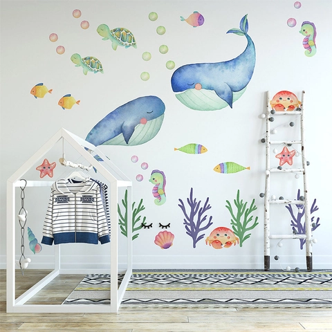 Watercolor Ocean World Whale Wall Sticker Removable Self Adhesive PVC Sea Animal Undersea Coral Seaweed Decor For Nursery Kids Room