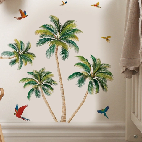 Pegatinas de Pared Tropicales de Palmera Cocotero y Pájaro Loro Calcomanías de PVC Autoadhesivas Impermeables para Sala de Estar Baño Decoración del Hogar