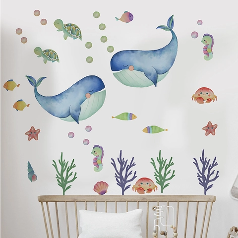 Watercolor Ocean World Whale Wall Sticker Removable Self Adhesive PVC Sea Animal Undersea Coral Seaweed Decor For Nursery Kids Room