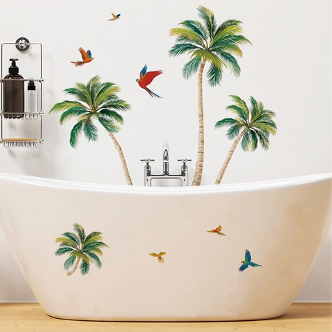 Pegatinas de Pared Tropicales de Palmera Cocotero y Pájaro Loro Calcomanías de PVC Autoadhesivas Impermeables para Sala de Estar Baño Decoración del Hogar