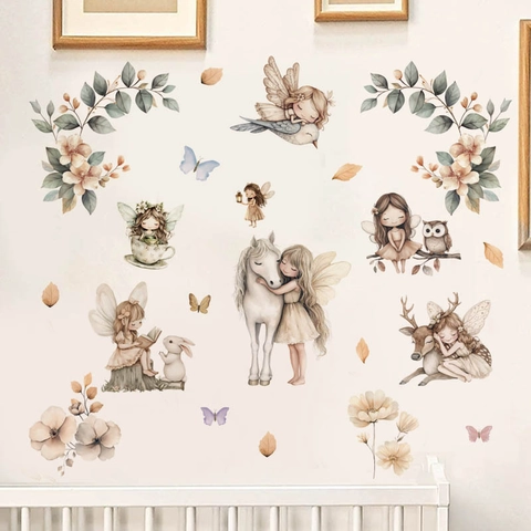 Aquarell Waldfee Und Waldtiere Wandaufkleber PVC Selbstklebend Wandtattoo Für Kinderzimmer Babyzimmer Home Deko