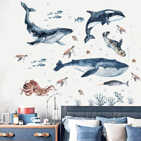 Watercolor Ocean Animal Wall Stickers Blue Whale Shark Turtle Artistic PVC Removable Decal For Children Kids Room Bathroom Home Decor