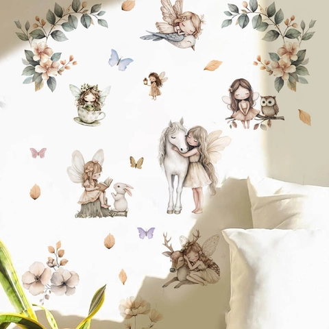 Aquarell Waldfee Und Waldtiere Wandaufkleber PVC Selbstklebend Wandtattoo Für Kinderzimmer Babyzimmer Home Deko