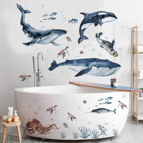 Watercolor Ocean Animal Wall Stickers Blue Whale Shark Turtle Artistic PVC Removable Decal For Children Kids Room Bathroom Home Decor