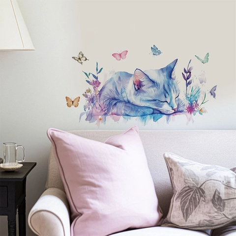 Adesivo da Parete Gatto Che Dorme e Farfalla ad Acquerello Rimovibile Autoadesivo in PVC Decorazione Artistica per Bambini