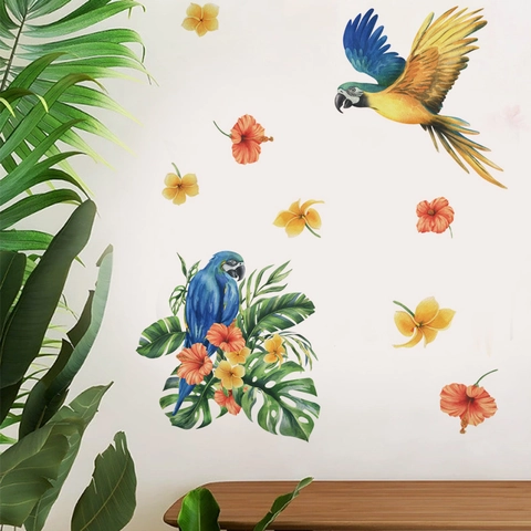 Tropischer Papagei Monstera Blätter Wandaufkleber Aquarell Blume Selbstklebend PVC Wandtattoo Für Wohnzimmer Deko