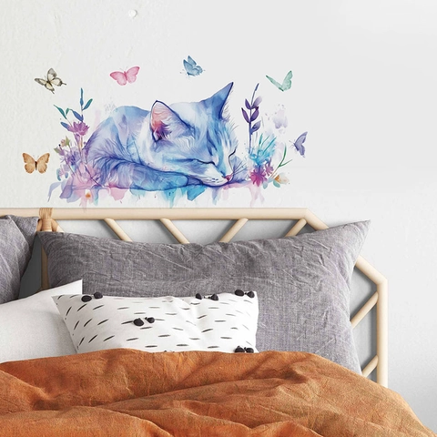 Adesivo da Parete Gatto Che Dorme e Farfalla ad Acquerello Rimovibile Autoadesivo in PVC Decorazione Artistica per Bambini