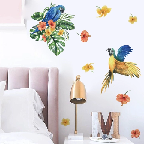 Tropischer Papagei Monstera Blätter Wandaufkleber Aquarell Blume Selbstklebend PVC Wandtattoo Für Wohnzimmer Deko