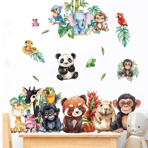 Pegatinas de Pared de Animales de la Selva Acuarela Panda Elefante Jirafa PVC Calcomanías de Pared para Habitación Infantil