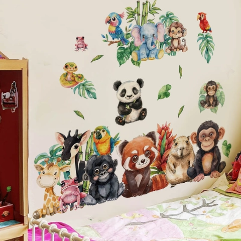 Pegatinas de Pared de Animales de la Selva Acuarela Panda Elefante Jirafa PVC Calcomanías de Pared para Habitación Infantil
