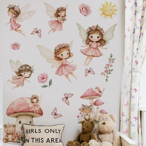 Watercolor Pink Fairy Mushroom Wall Stickers For Girls Bedroom Decor Cartoon Butterfly Flower Fox Bear Self Adhesive Wall Decals