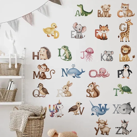 Cartoon Animal Alphabet Wall Stickers Watercolor Letter Wall Decals For Kids Room Nursery Educational Decor Stickers