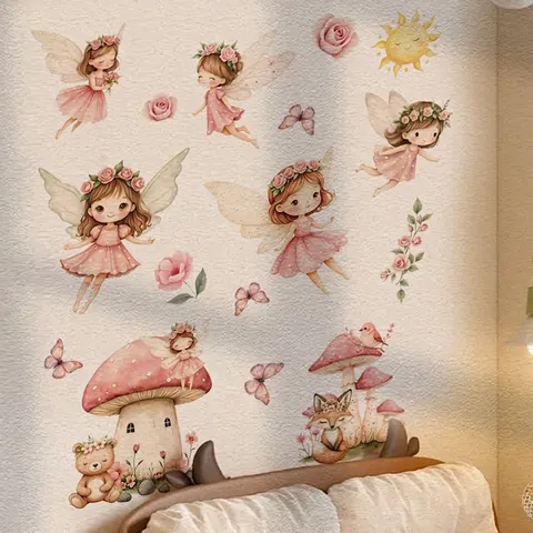 Aquarel Roze Fee Paddenstoel Muurstickers Voor Meisjes Slaapkamer Decor Cartoon Vlinder Bloem Vos Beer Zelfklevende Muurstickers