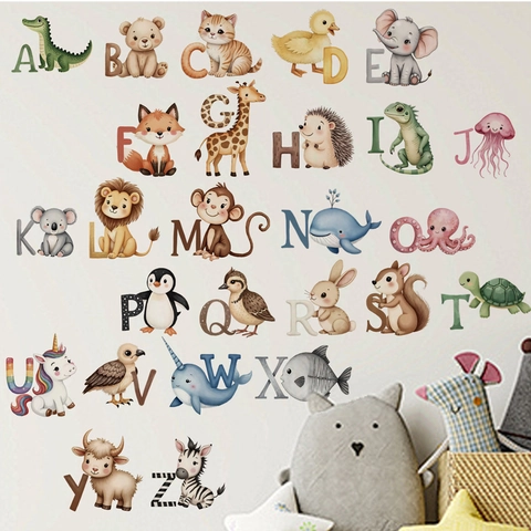 Cartoon Animal Alphabet Wall Stickers Watercolor Letter Wall Decals For Kids Room Nursery Educational Decor Stickers