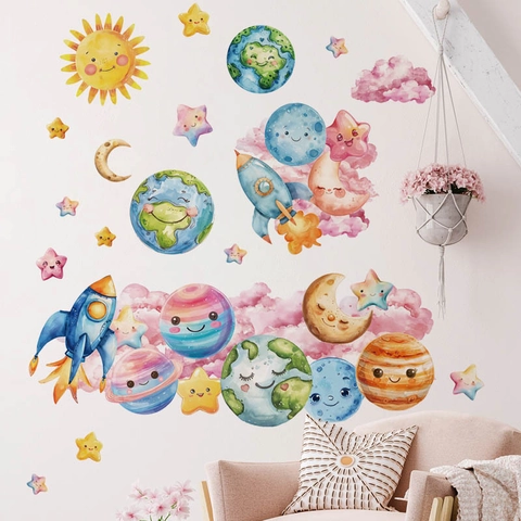 Watercolor Solar System Wall Stickers PVC Cartoon Planets Rockets Stars Removable Wall Decals For Kids Bedroom Nursery Decor