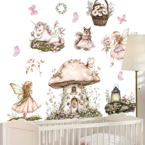Dreamy Mushroom House Fairy Girl Wall Stickers For Kids Room Bedroom Forest Unicorn Watercolor Butterfly PVC Decorative Decals