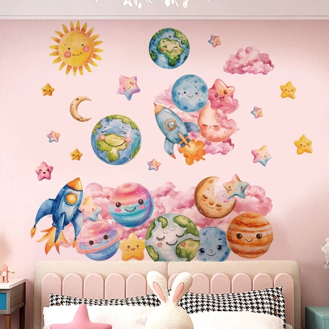 Watercolor Solar System Wall Stickers PVC Cartoon Planets Rockets Stars Removable Wall Decals For Kids Bedroom Nursery Decor