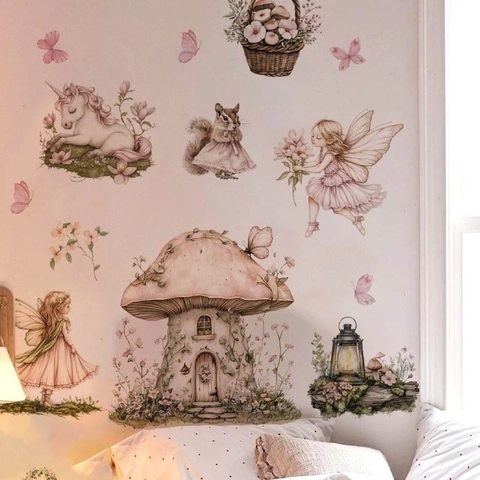 Dreamy Mushroom House Fairy Girl Wall Stickers For Kids Room Bedroom Forest Unicorn Watercolor Butterfly PVC Decorative Decals
