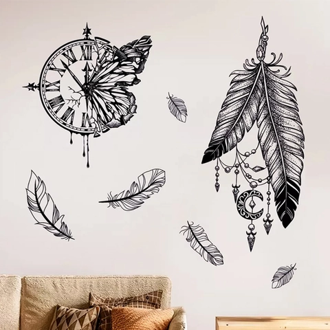 Adesivo da Parete Line Art Nero Piuma Farfalla Orologio PVC Impermeabile Autoadesivo Acchiappasogni Decorazione Casa Soggiorno
