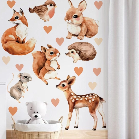 Watercolor Forest Animals Wall Sticker Nursery Room Decor PVC Deer Fox Rabbit Heart Hand-Painted Wallpaper Decal Set