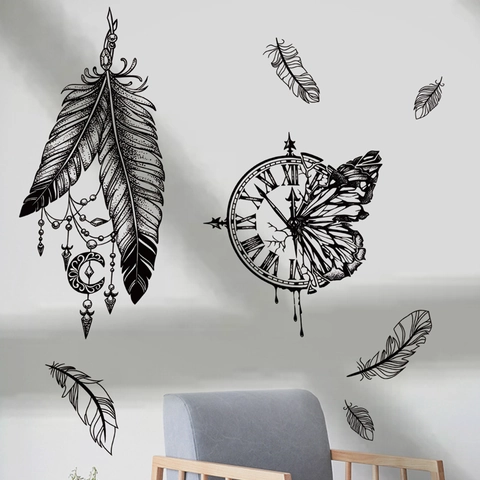 Adesivo da Parete Line Art Nero Piuma Farfalla Orologio PVC Impermeabile Autoadesivo Acchiappasogni Decorazione Casa Soggiorno