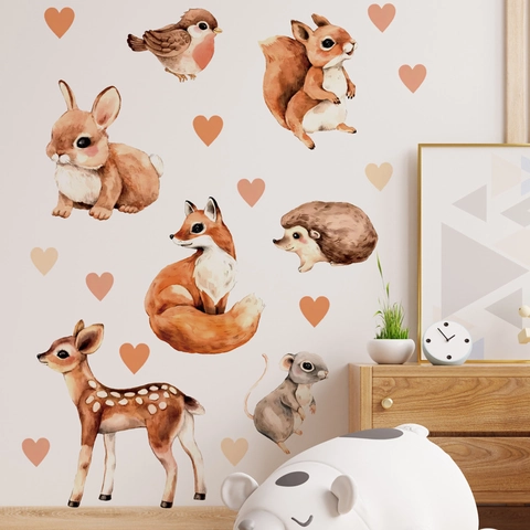Watercolor Forest Animals Wall Sticker Nursery Room Decor PVC Deer Fox Rabbit Heart Hand-Painted Wallpaper Decal Set