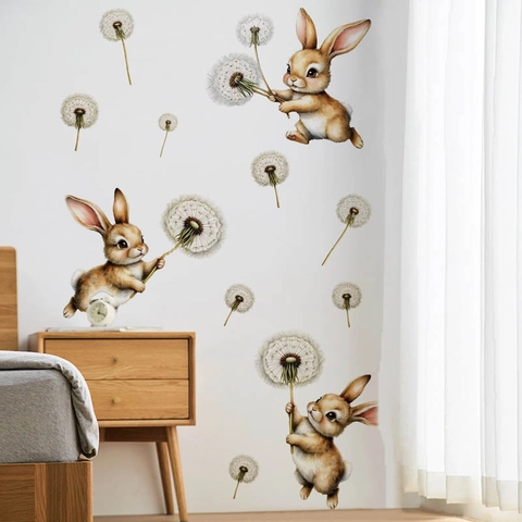 Cartoon Schattig Konijn Paardenbloem Muurstickers PVC Zelfklevend Aquarell Dieren Decals Voor Kinderkamer Slaapkamer Huisdecoratie