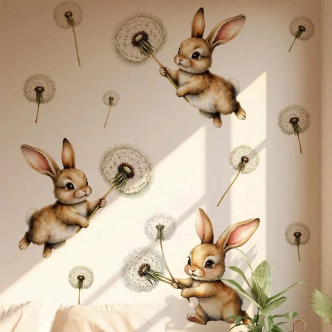 Cartoon Schattig Konijn Paardenbloem Muurstickers PVC Zelfklevend Aquarell Dieren Decals Voor Kinderkamer Slaapkamer Huisdecoratie