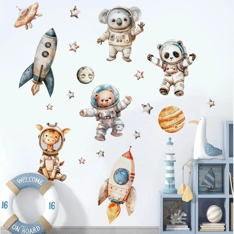 Aquarel Cartoon Ruimte Astronaut Dieren Muursticker Voor Kinderkamer Slaapkamer Raket Planeet DIY Muurtattoo
