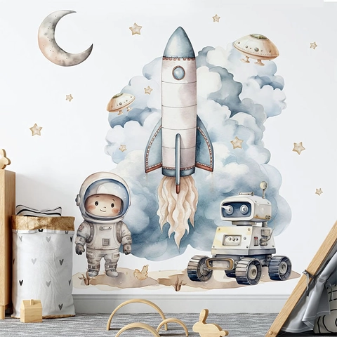 Watercolor Space Astronaut Rocket Wall Stickers Waterproof PVC Decorative Decals For Kids Boys Room Nursery Home Decor