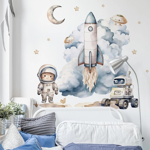 Watercolor Space Astronaut Rocket Wall Stickers Waterproof PVC Decorative Decals For Kids Boys Room Nursery Home Decor